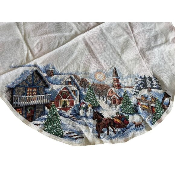 42" Round Tablecloth Needlepoint Handmade Winter Scene no stains - Picture 1 of 4